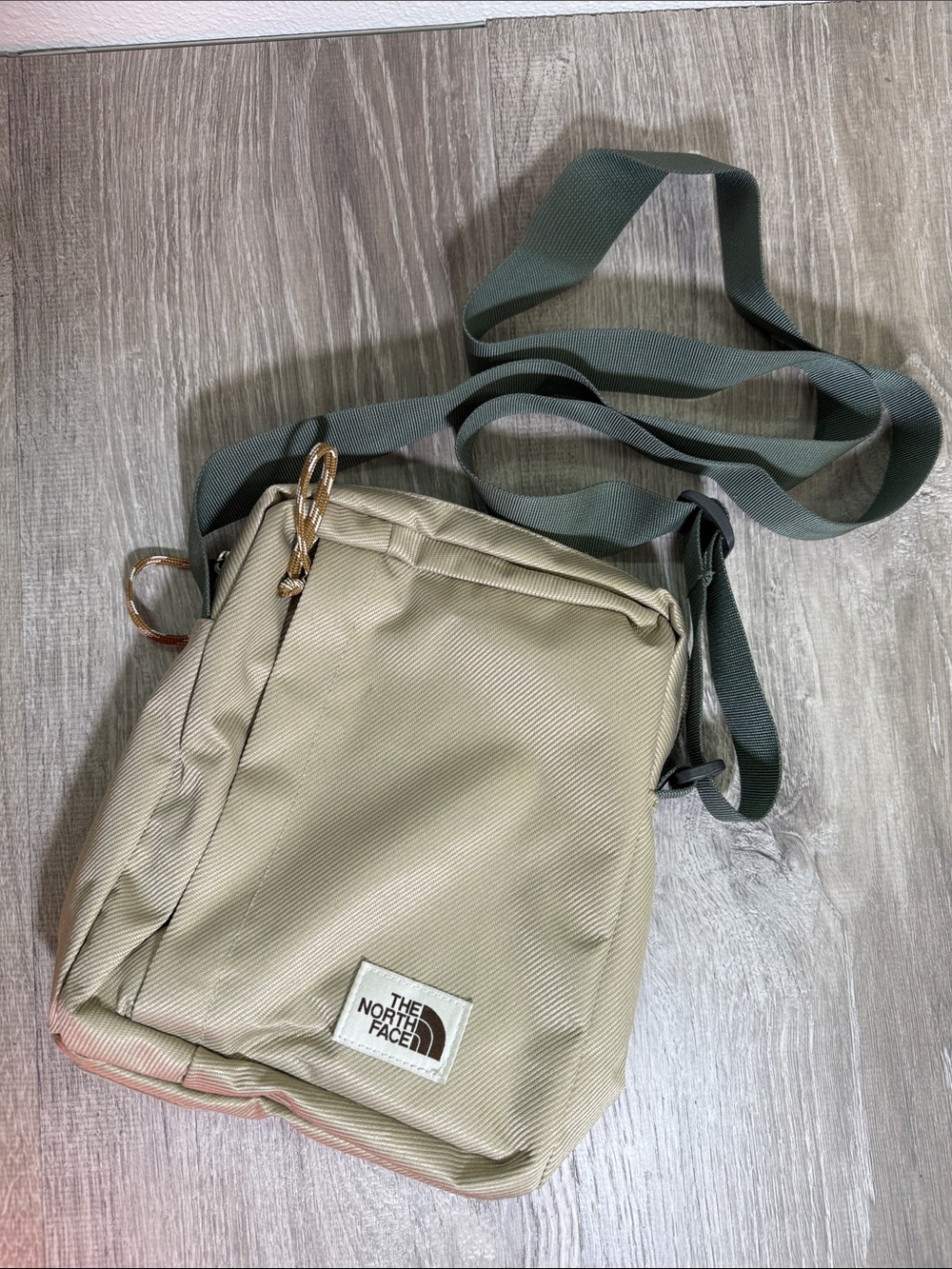 The North Face Tan Crossbody Messenger Bag with Green Strap